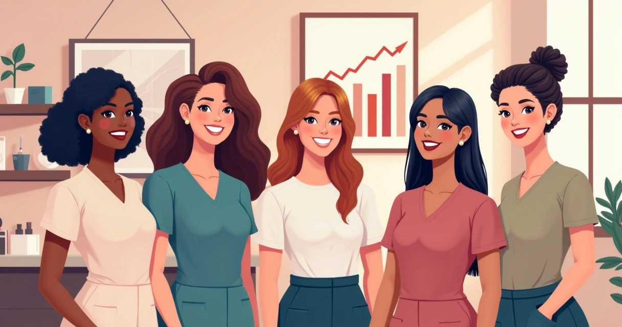 Equipe de esteticistas sorrindo em sala moderna com gráficos de crescimento ao fundo 