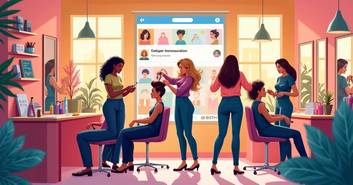 Ilustração de um salão de beleza vibrante com estilistas atendendo clientes e um ambiente acolhedor.