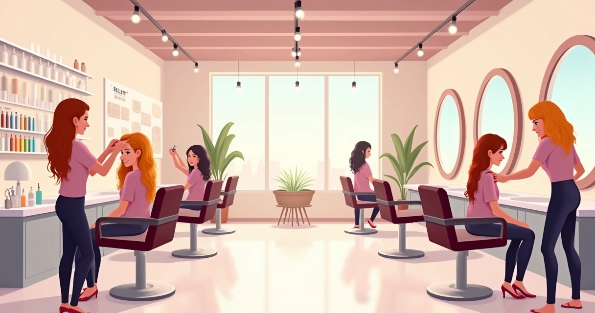 Interior of a modern beauty salon with hairdressers and clients showcasing new hair techniques.