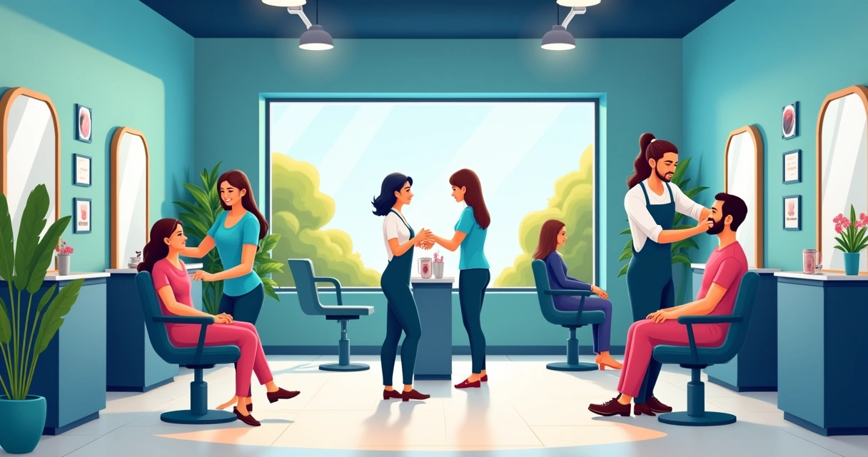 Salão de beleza moderno com clientes felizes, cabeleireira e barbeiro atendendo, e ambiente acolhedor.