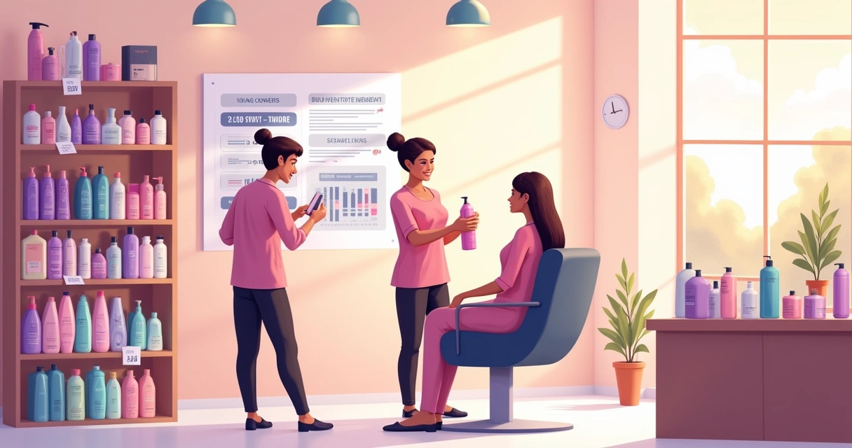 Ilustração de um salão de beleza organizado, com prateleiras de produtos e uma interação amigável entre estilista e cliente.