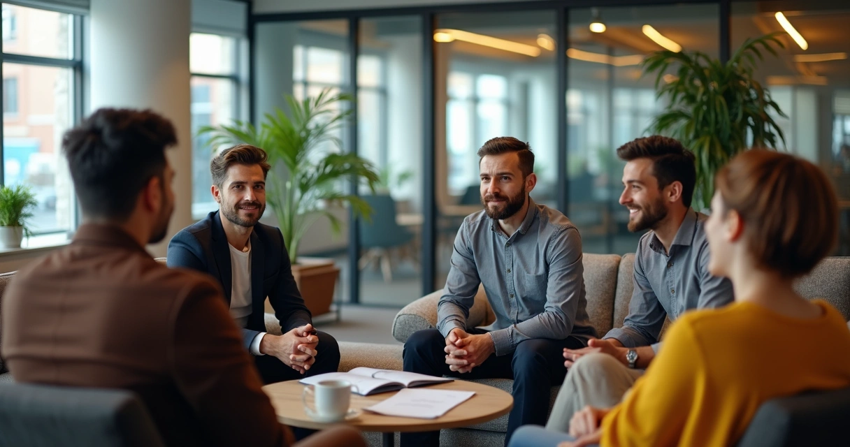 Equipe diversa em ambiente corporativo, com expressões de atenção durante conversa