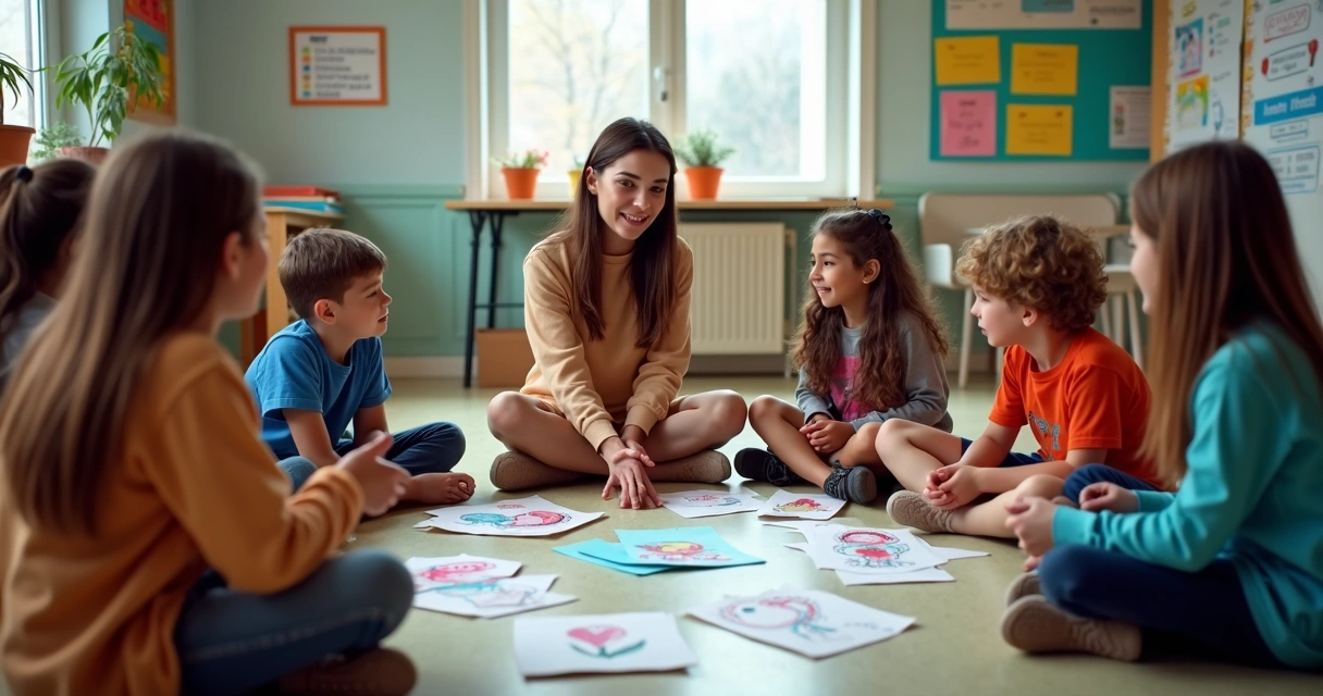 Crianças sentadas em roda com professora discutindo emoções em sala de aula