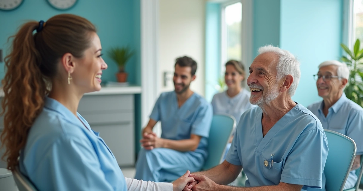 Sala de espera acolhedora em clínica odontológica, pacientes sorrindo enquanto aguardam chamada 