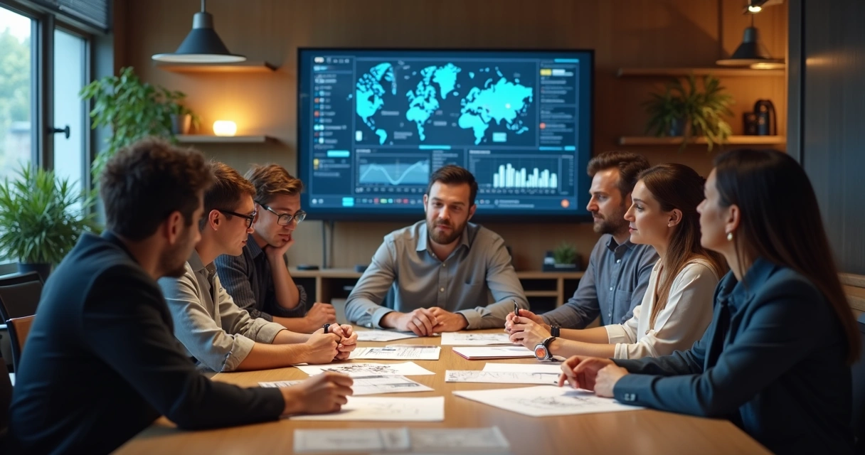 Time de agência digital reunido em sala para revisão estratégica 