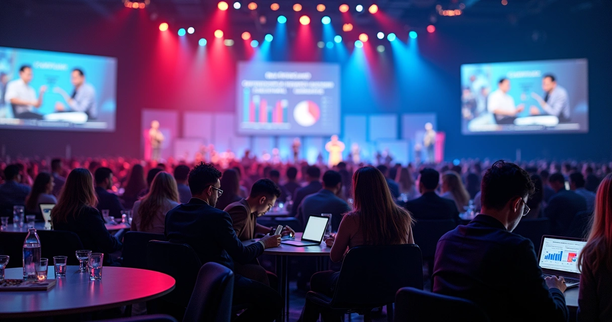 Pessoas usando celulares em um salão de eventos 