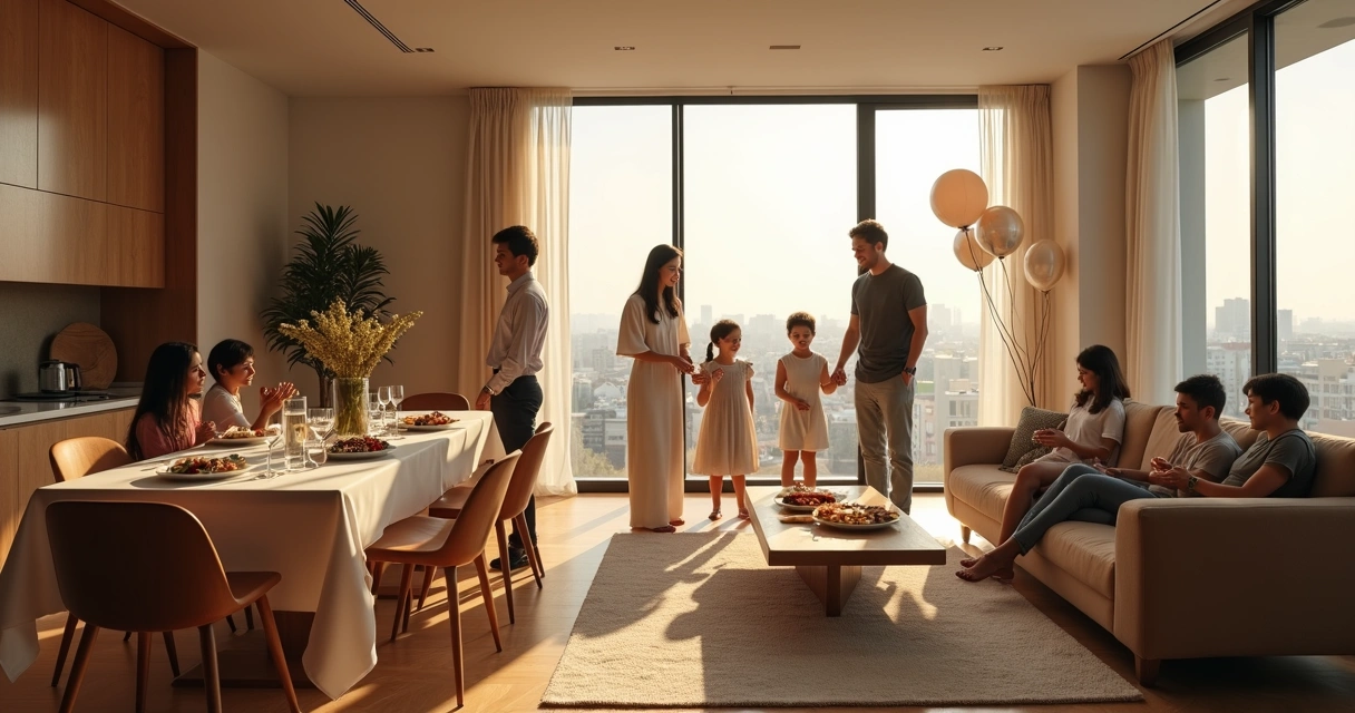 Salão de festas em condomínio com decoração moderna e moradores felizes 