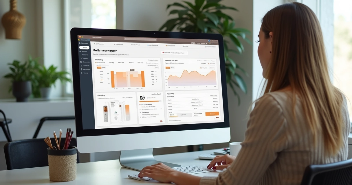 Gestor analisando painéis de controle e agenda digital em um salão de beleza 