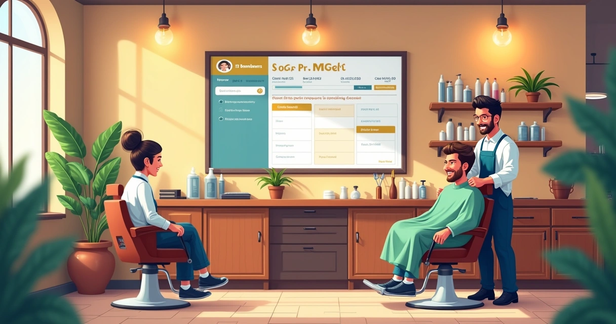 Interior of a modern barbershop with a digital scheduling screen and a barber assisting a client.