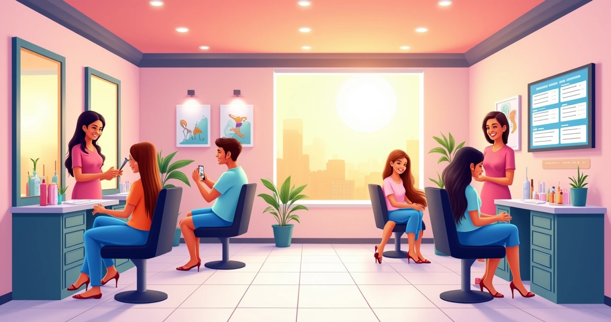 Interior de um salão moderno e organizado, com recepção, clientes em tratamento e produtos expostos.