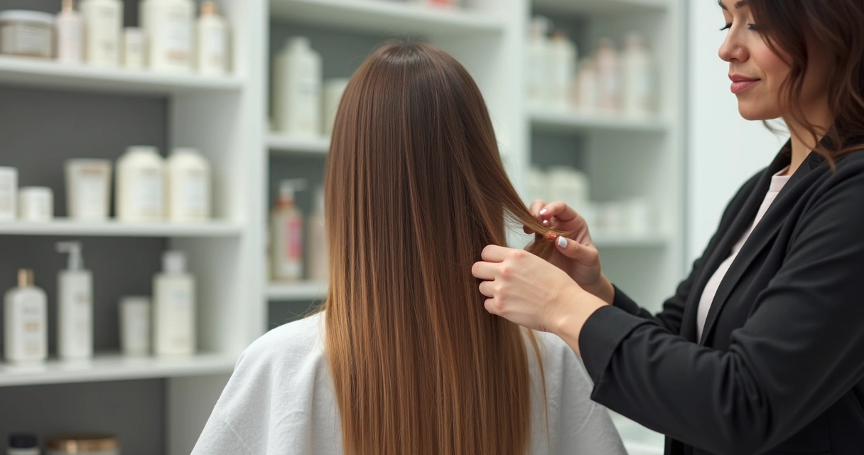 Profissional aplicando pré poo em cabelo longo em salão 