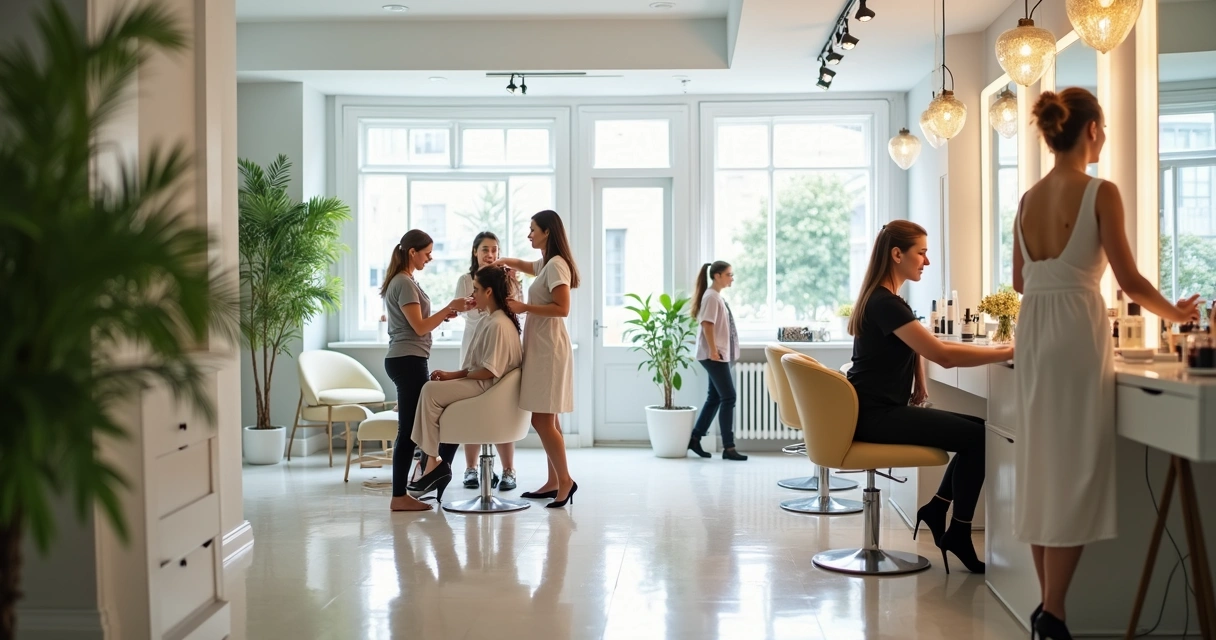 Salão de beleza moderno com clientes satisfeitos e equipe trabalhando 