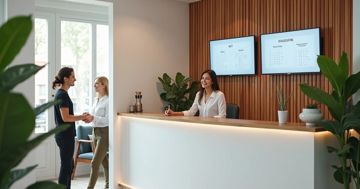 Recepcionista de salão atendendo clientes na entrada, ambiente moderno e iluminado.