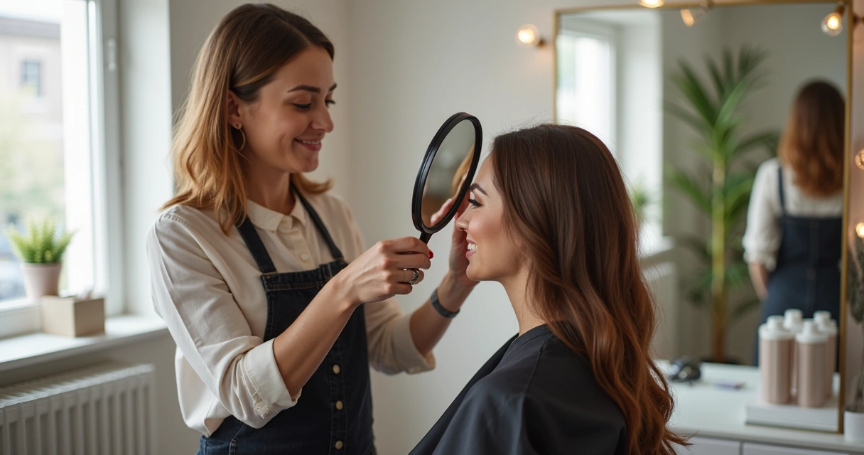 Profissional de beleza mostra antes e depois em cliente em um salão bem iluminado 