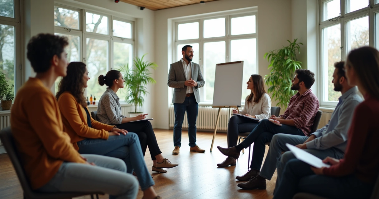 Sala de treinamento com equipe empresarial participando de dinâmica grupal com facilitador guiando conversa