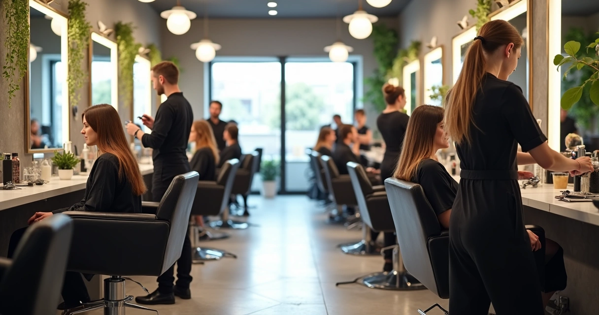 Salão de beleza unissex movimentado, com profissionais atendendo clientes de diferentes gêneros em cadeiras próximas 