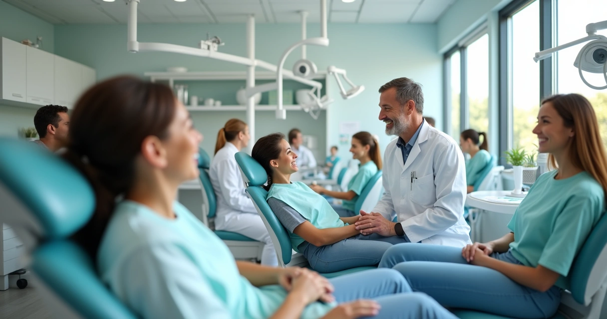 Equipe odontológica sorrindo com consultório cheio