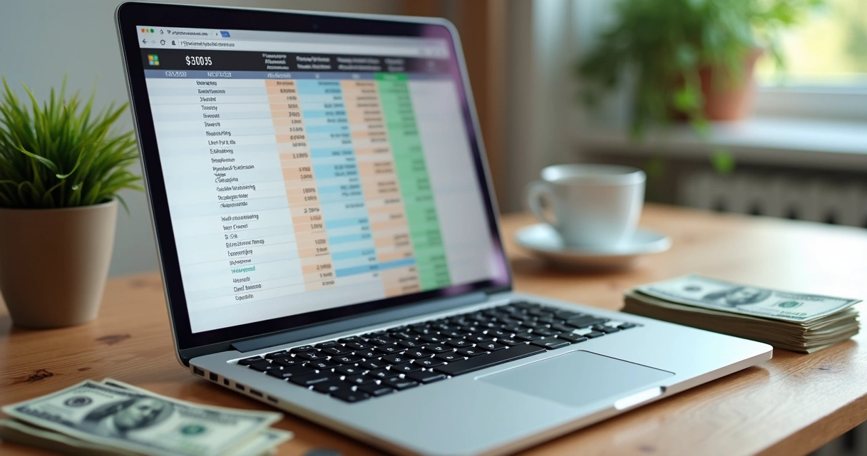 Planilha de planejamento financeiro aberta em laptop, cédulas de dólar ao lado 