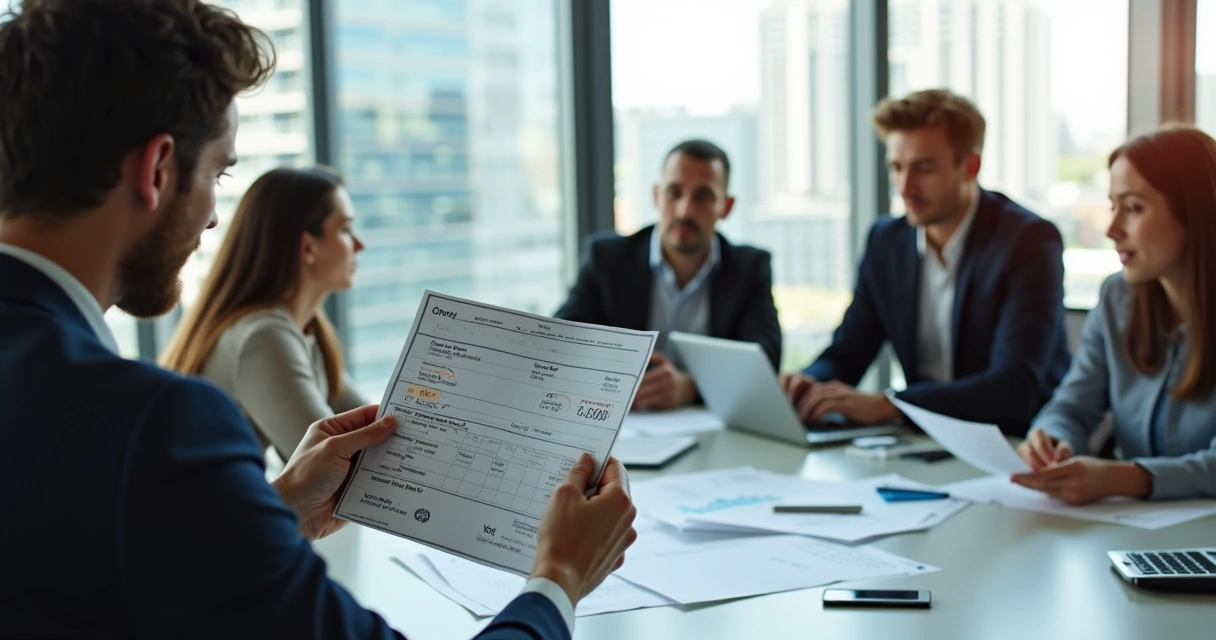 Quatro pessoas sentadas ao redor de uma mesa de trabalho, analisando contracheques e documentos financeiros 