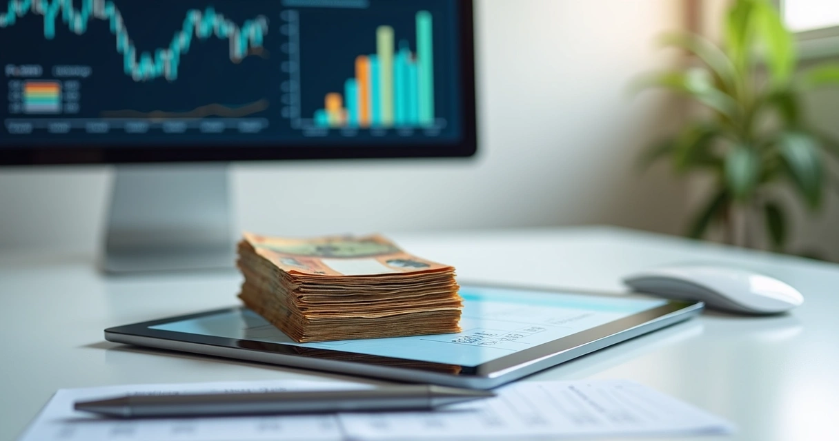 Pilha de notas de dinheiro em cima de contracheque digital com gráficos financeiros ao fundo 