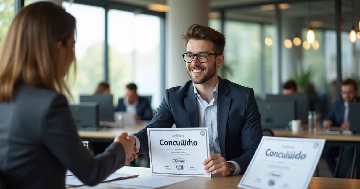Pessoa mostrando certificado e apertando a mão de recrutador 