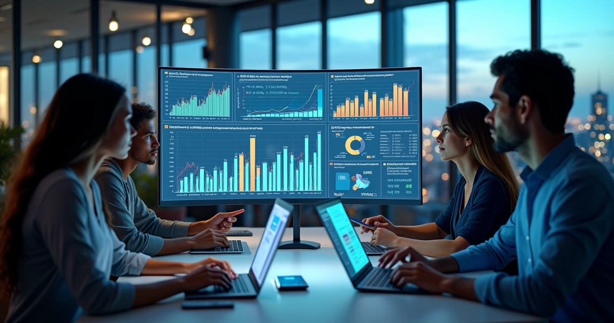 Profissionais de TI analisando gráficos de salários e vagas em telas digitais 