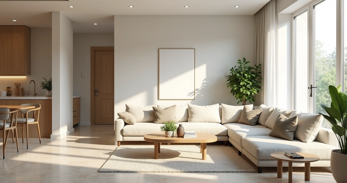 Sala de apartamento decorada com luz natural, móveis claros e detalhes em madeira clara. 