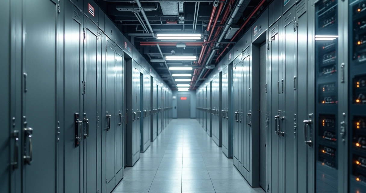 Corredor seguro de data center com portas reforçadas e ambiente protegido