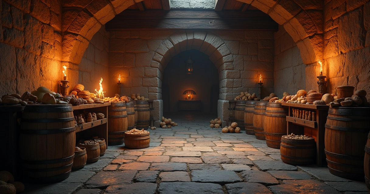 Sala de castelo em Tibia com barris e caixas