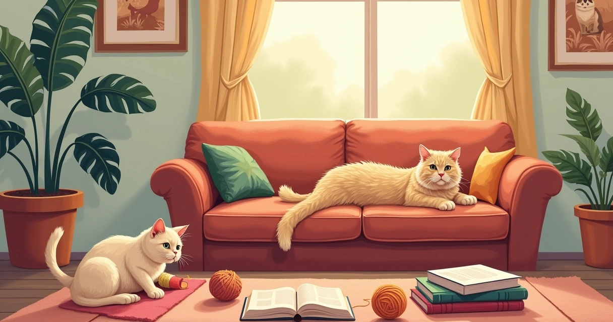 Salas de estar aconchegante com gato Maine Coon e Siamês brincando com bola de lã, decor polido.