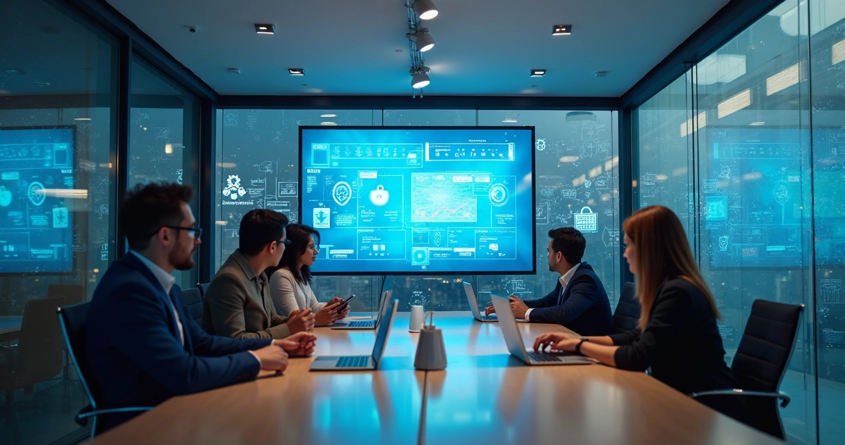 Time de profissionais brasileiros em sala de reunião digital, usando computadores e painéis digitais 