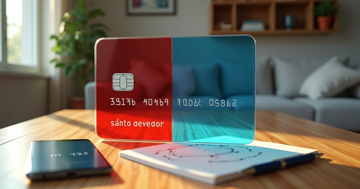 Comparação visual entre saldo devedor e limite em cartão de crédito gigante sobre mesa 