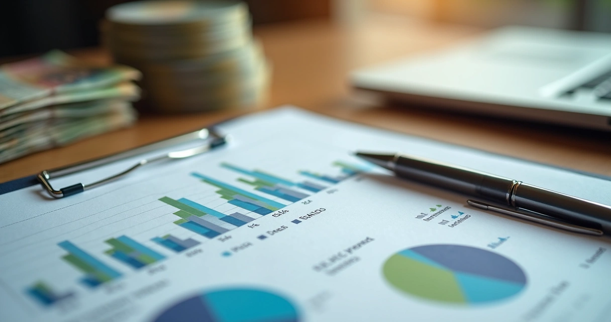 Relatório financeiro positivo com dinheiro e gráficos em destaque 