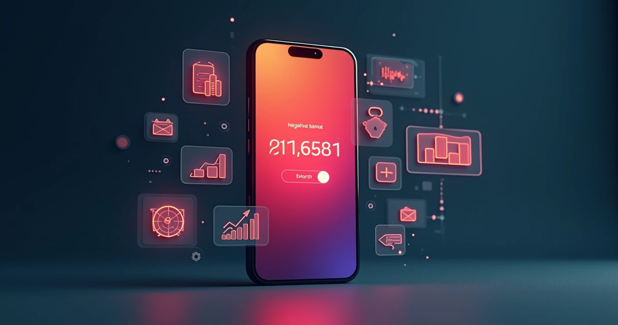Tela de celular mostrando saldo negativo em aplicativo financeiro, com notificações e gráficos de gastos ao redor 