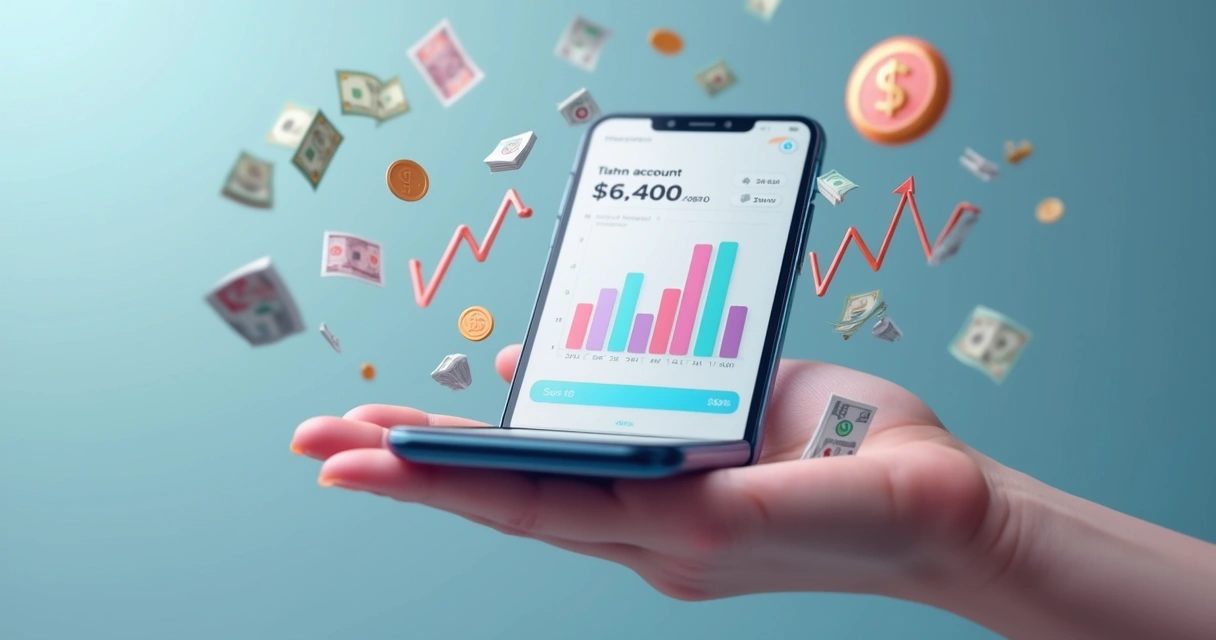 Tela de smartphone exibindo saldo remunerado em conta digital com gráficos financeiros e ícones de dinheiro ao redor 