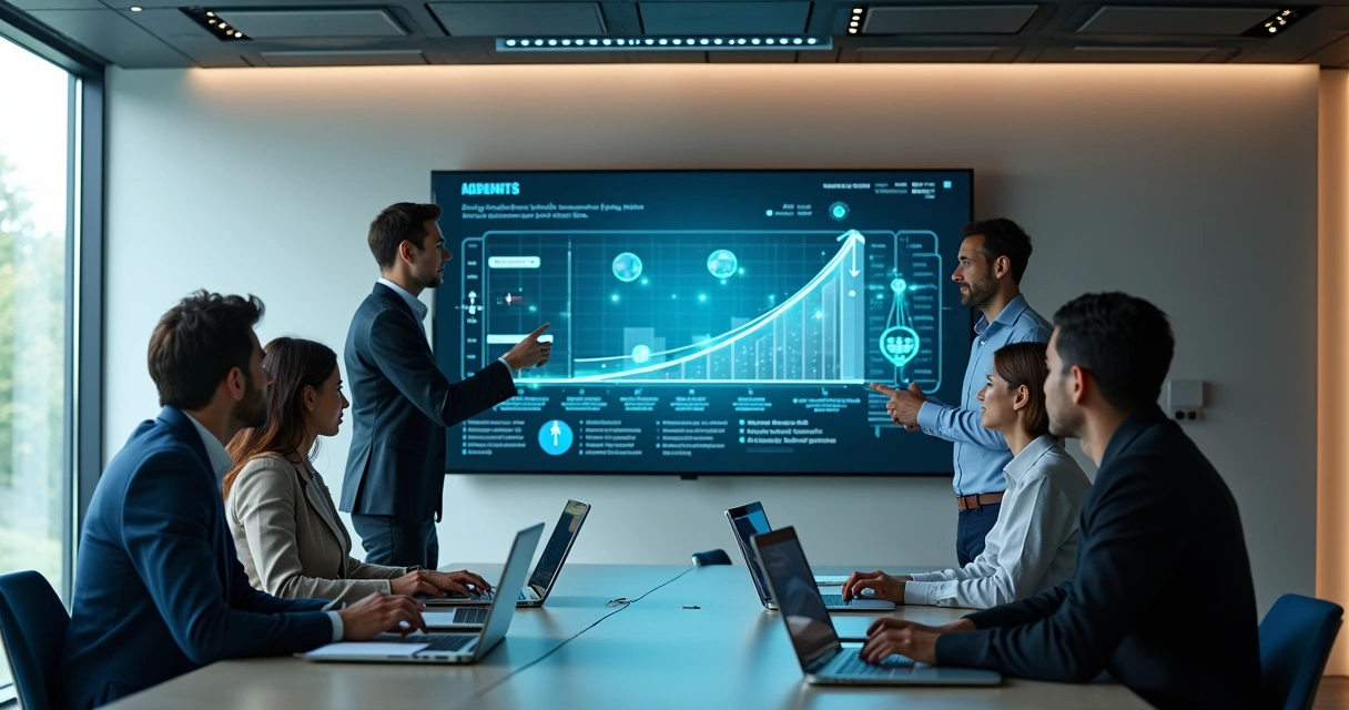 SME sales team collaborating with AI sales dashboard on large screen 