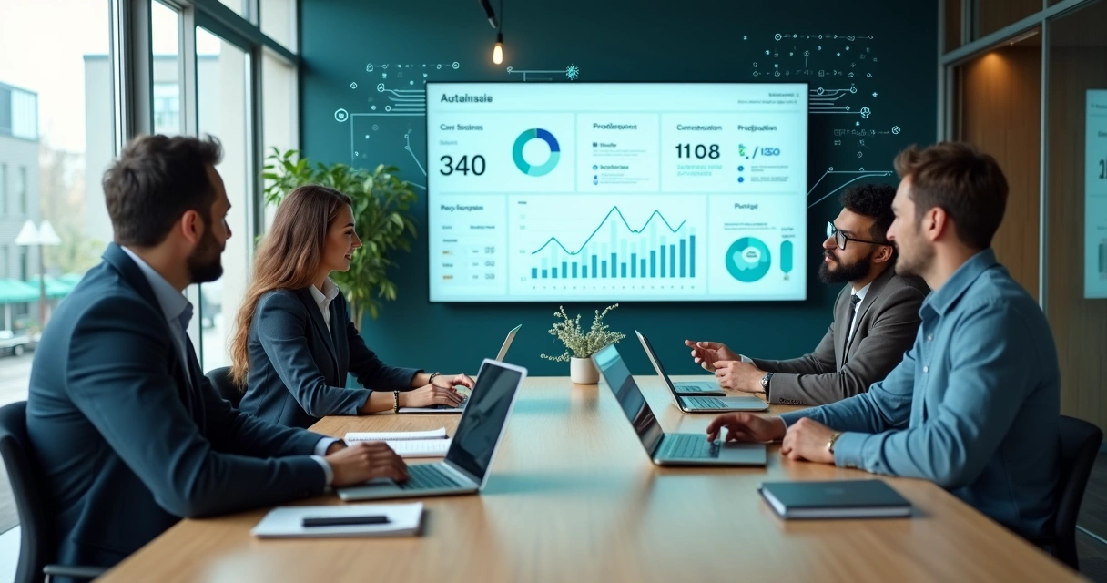 Sales team in a modern office collaborating with an AI sales dashboard on a large screen 