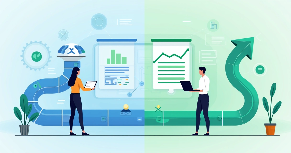 AI and human working together in a sales pipeline, with digital document icons 