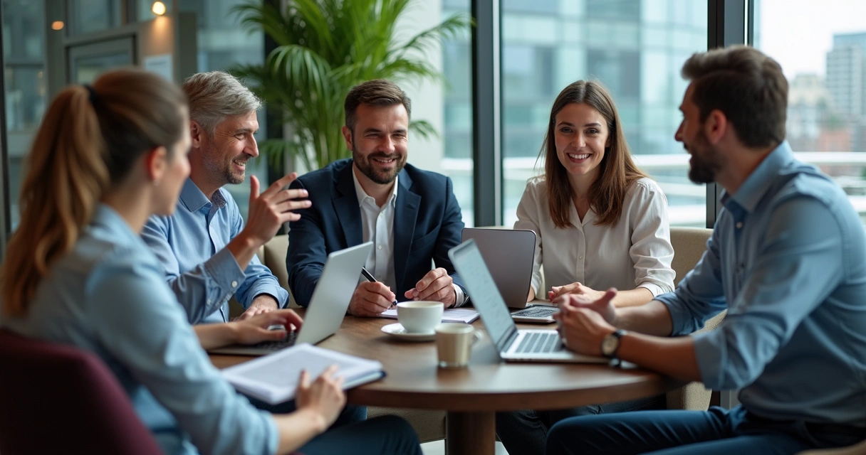 Equipe de vendas B2B usando notebook em reunião animada 