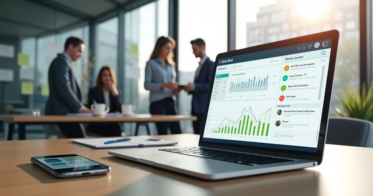 Sales bot dashboard on laptop automating lead qualification in a modern office 
