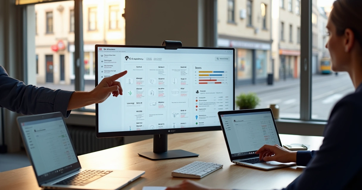 Sales bot interface reviewing lead profiles in a modern European office 