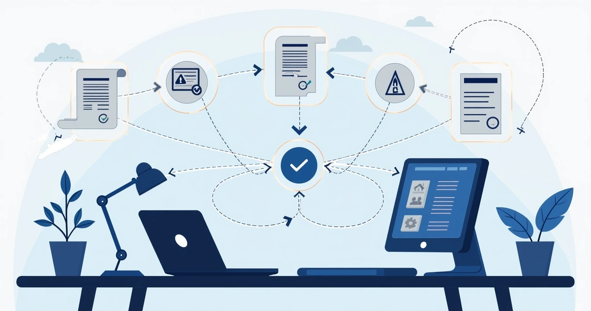Sales contract desk with digital automation icons and approval flow arrows 