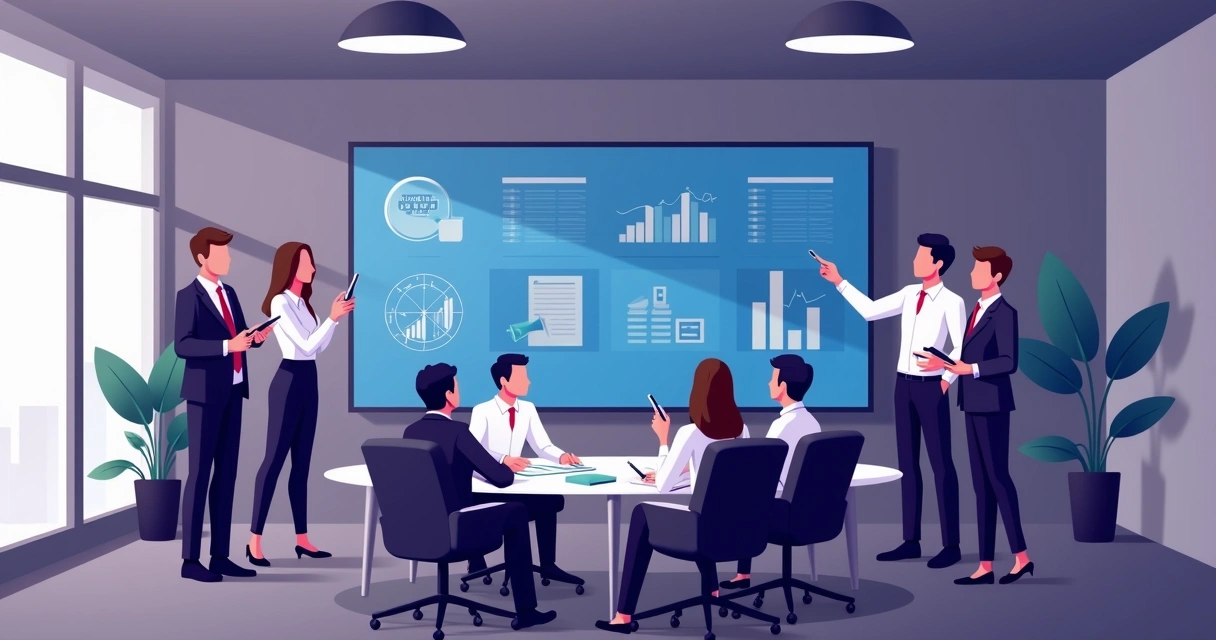 Sales dashboard on large modern screen in meeting room with people analyzing charts 