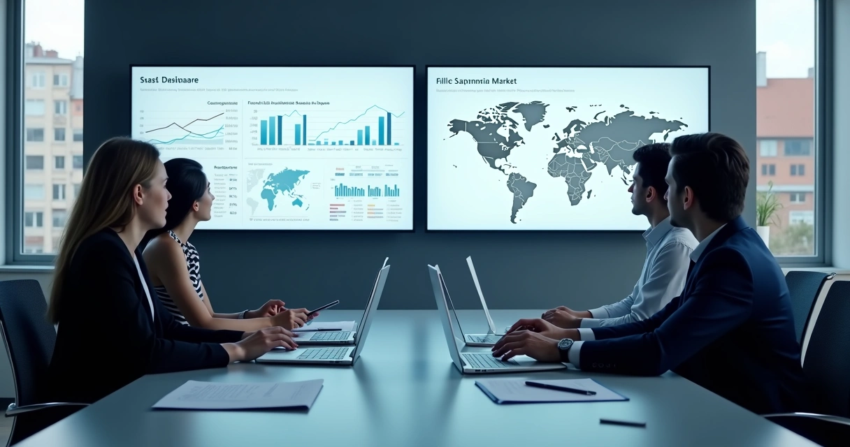 Revenue team reviewing dashboard and market charts in a boardroom
