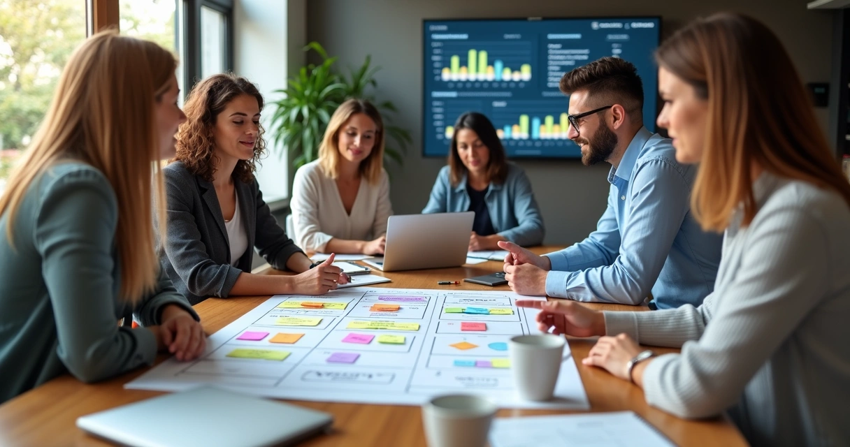Equipe de vendas reunida ao redor de uma mesa com um quadro branco exibindo um Sales Model Canvas colorido com post-its e anotações 