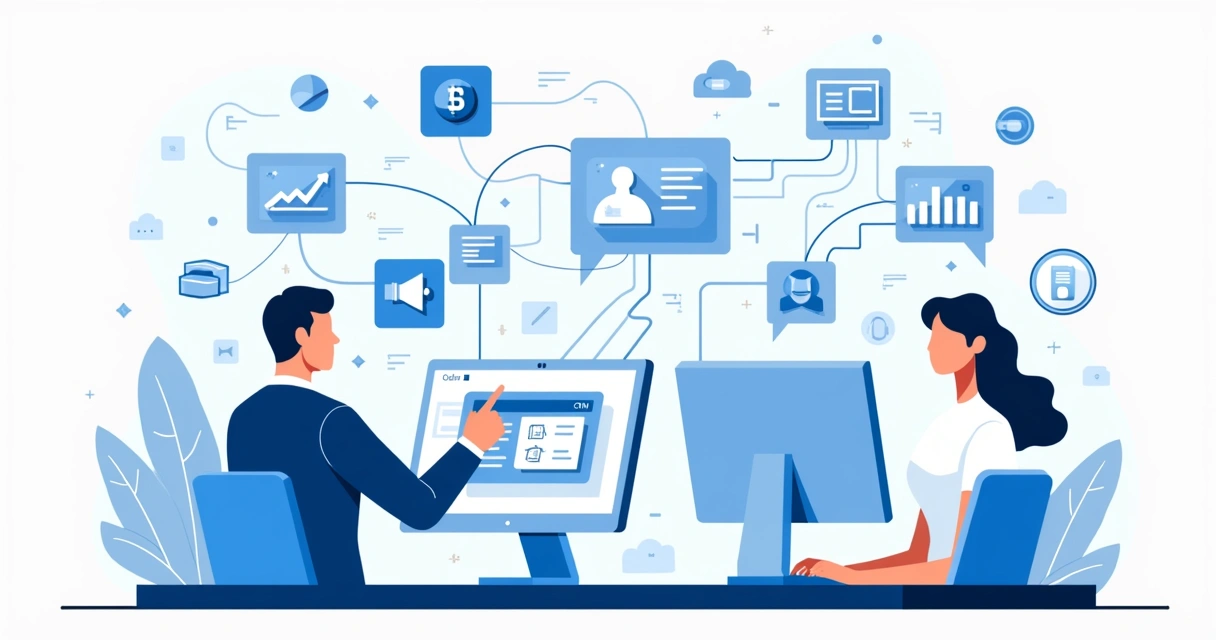Illustration showing multiple sales productivity tools connecting salespeople, computers with charts, CRM dashboards, signed contracts, and a seamless workflow in bright clear colors 