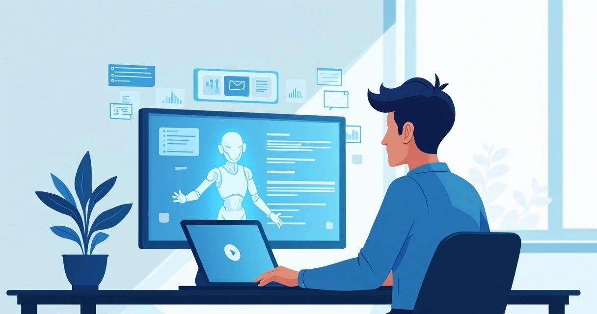 Salesperson typing alongside AI-powered software automating emails and follow-ups 