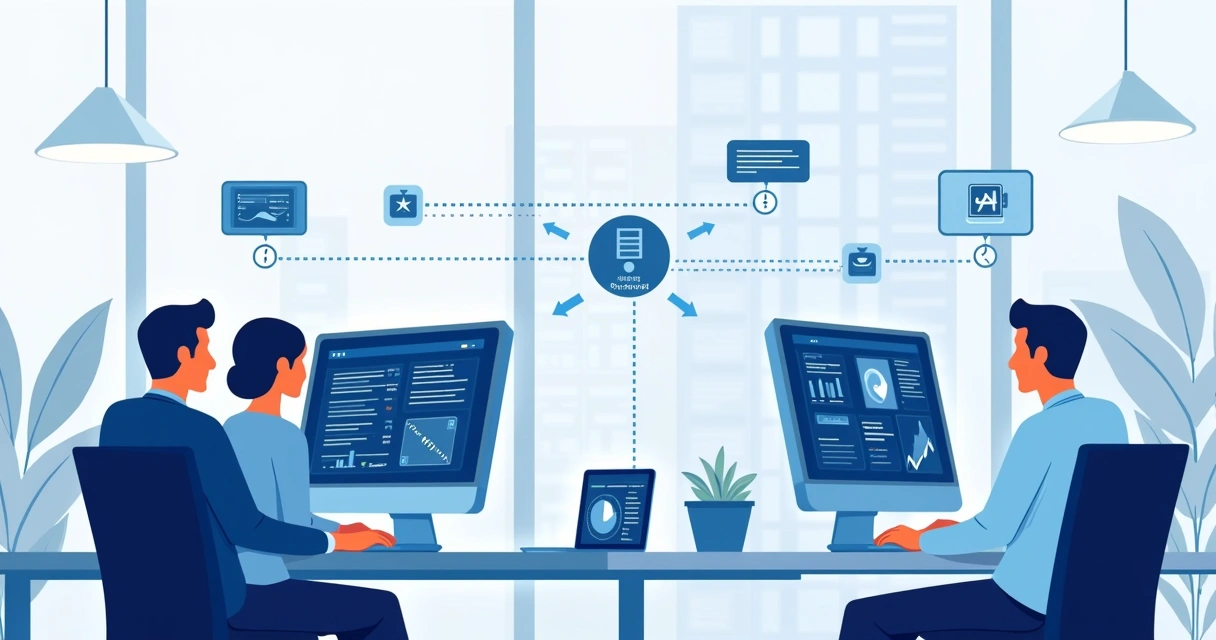 Sales team working with integrated software in an open office, screens showing real-time product and pricing updates. 
