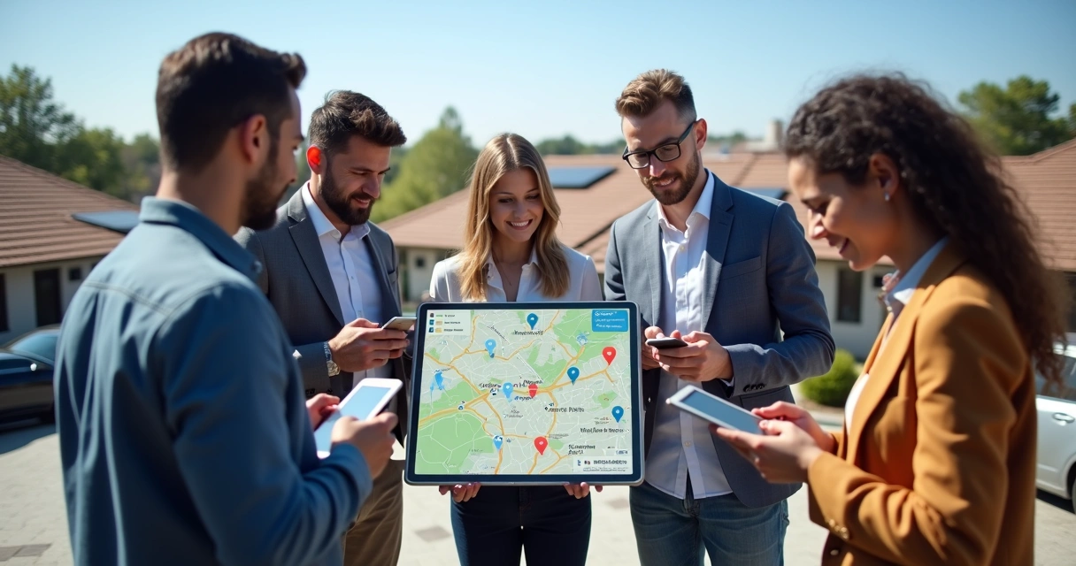 Sales team reviewing digital territory map on tablet 