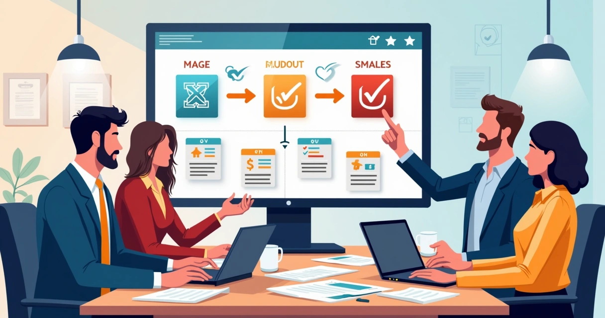 Sales team discussing discount approval workflow at a desk 